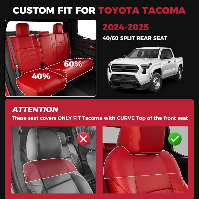 FREESOO Custom Fit Leather Tacoma Seat Covers Full Set Gen 4Th 2024-2026 Double Cab, for Sr/Sr5/Trd Prerunner/TRD Sport/TRD Off-Road/Limited, Seat Covers for Tacoma (5 Seats, Red)