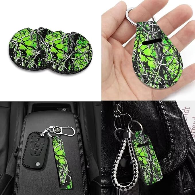 Car Seat Covers Full Set for Women Men Green Camo Hunting Wood Forest Oak Print Universal Auto Accessories with Steering Wheel Cover,Seat Belt Pad,Keychain,Coaster,Lipstick Holder