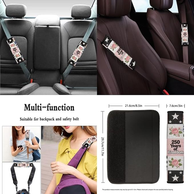 250 Years of Freedom Car Seat Covers Patchwork Rose Print Patriotic Auto Decor with Non-Slip Steering Wheel Cover and Seatbelt Pad Cover, 11 Piece, for 250th Anniversary