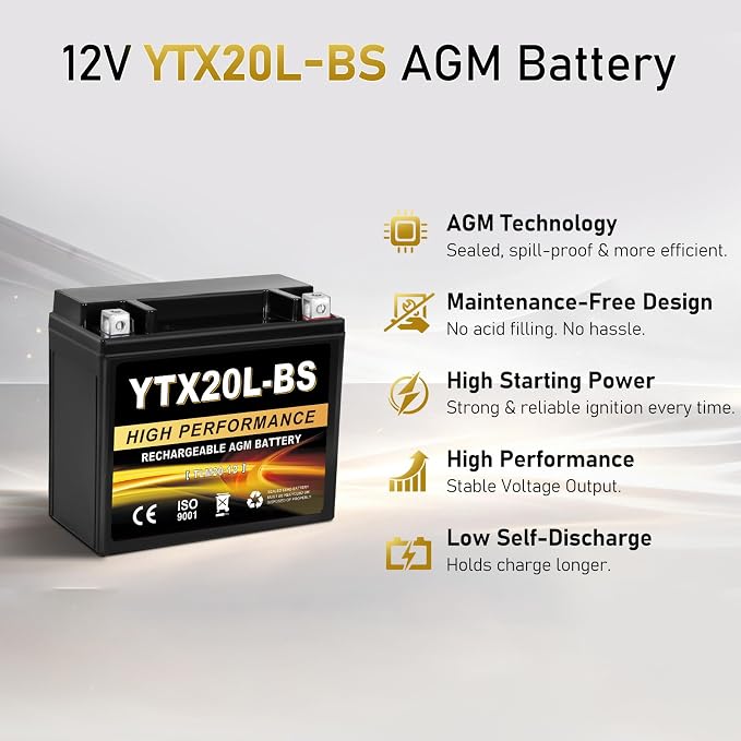YTX20L-BS 12V 20Ah AGM Sealed Motorcycle Battery, Maintenance-Free, Compatible with ATV UTV Snowmobile Honda Gold Wing GL1800, TRX680, VTX1800