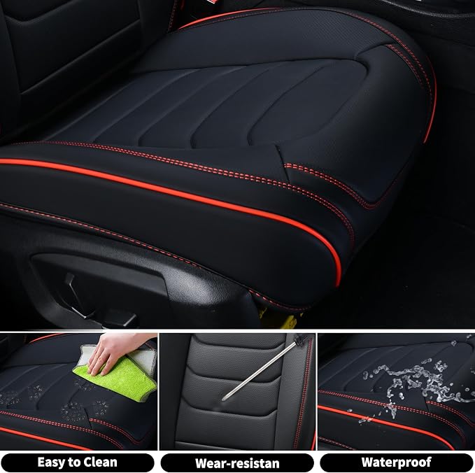 FLORICH Seat Covers Full Set,Leather Seat Covers, Front and Rear Seats Cover 5 Seats, Waterproof Car Seat Cushion Protector Accessories for Sedan SUV Pick-up Truck(Black&Red line, Full Set)