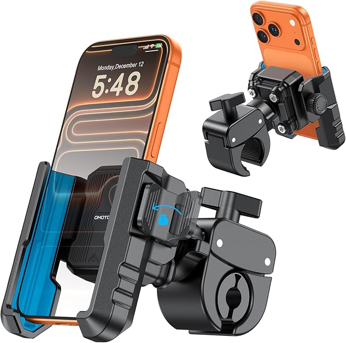 OMOTON BK01 Anti-Vibration Phone Mount, Quick Lock Shockproof Bike & Motorcycle Phone Holder, Fits iPhone & Android for Riders on E-Bike, Stroller, Scooter, Fits Handlebars & Rearview Mirror, Blue