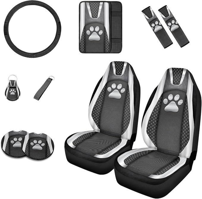 Howilath Sliver Dog Paw Print Car Seat Covers/Steering Wheel Cover/Seatbelt Pads/Coasters/Keychain/Armrest Cushion, 10pcs Auto Interior Accessories