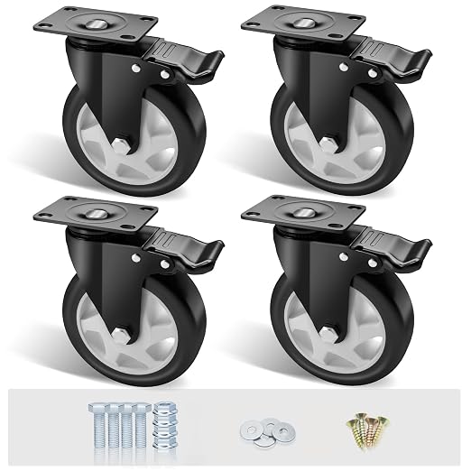 5" Swivel Plate Casters, 1400Lbs Capacity with Brake | Black, 4-Pack, PU Wheels, Double Ball Bearings, Quiet & Non-Marking, for Workbenches & Carts