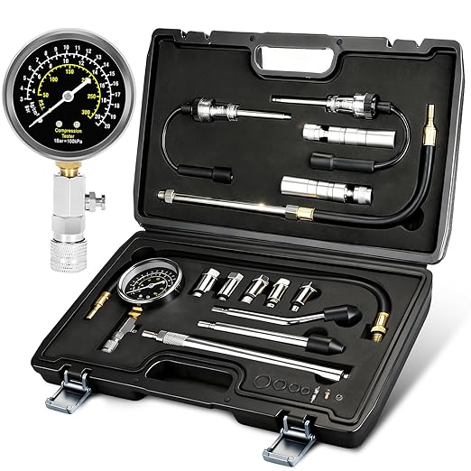 BETOOLL 15pcs Compression Tester with Spark Plug Tester & 14mm&16mm Magnetic Swivel Spark Plug Socket - 300PSI Engine Cylinder Compression Gauge Automotive Tool
