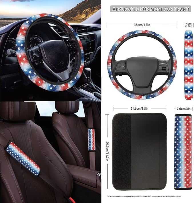 Wanyint Car Seat Cover Set 15 PCS, with Steering Wheel Seat Belt Strap Rear View Mirror Cover Trash Can Cup Coaster Keychain Air Vent Storage Bag 4th of July Patriotic Decor, Star Stripe US Flag