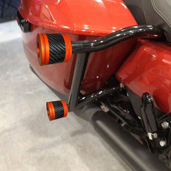 Motorcycle front and rear crash bar decorative wheels, engine crash bar sliders, and saddlebag crash bar decorative covers, CNC machined with embedded carbon fiber accents. (orange)