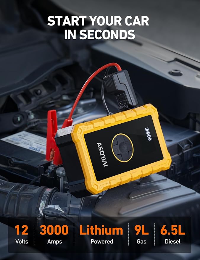 AstroAI S8 Air Jump Starter with Air Compressor,3000A Peak Car Battery Jump Starter Portable (9.0 Gas/6.5L Diesel) with 150PSI Cordless Auto-Shutoff Tire Inflator, 12V Battery Charger Booster(Yellow)
