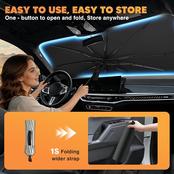 KUST Sun Shade Umbrella for Full-Size Pickup Truck 【F150 F-150/ Silverado/Tundra/RAM 1500/ Sierra】 | Custom Fit Windshield Sunshade | with Bendable Handle | Blocks Heat & UV Rays Keep Car Cool