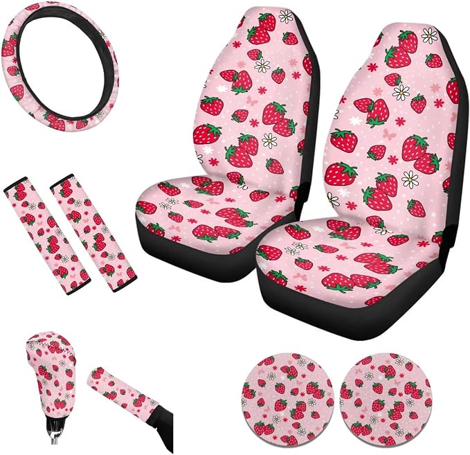 Tupalatus Cute Strawberry 9 Pcs Car Seat Covers Car Accessories Set for Men Women Steering Wheel Cover Auto Seat Belt Cover Coasters Gear Shift Cover Hand Brake Cover