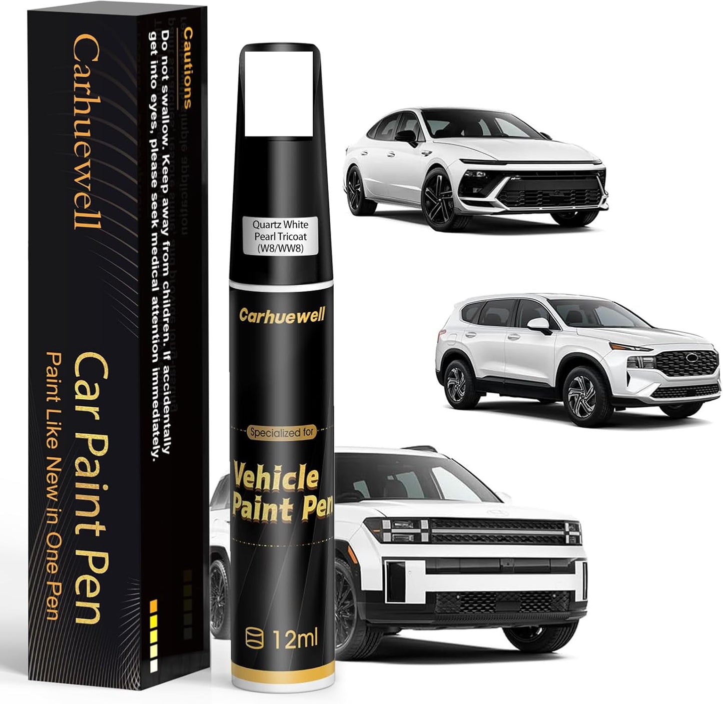 (W8/WW8) Quartz White Pearl Tricoat Touch Up Paint Compatible with Hyundai, Exact Match Car Paint Pen Automotive Scratch Repair Remover Kit Quick & Easy Solution for Vehicle Chips and Nicks
