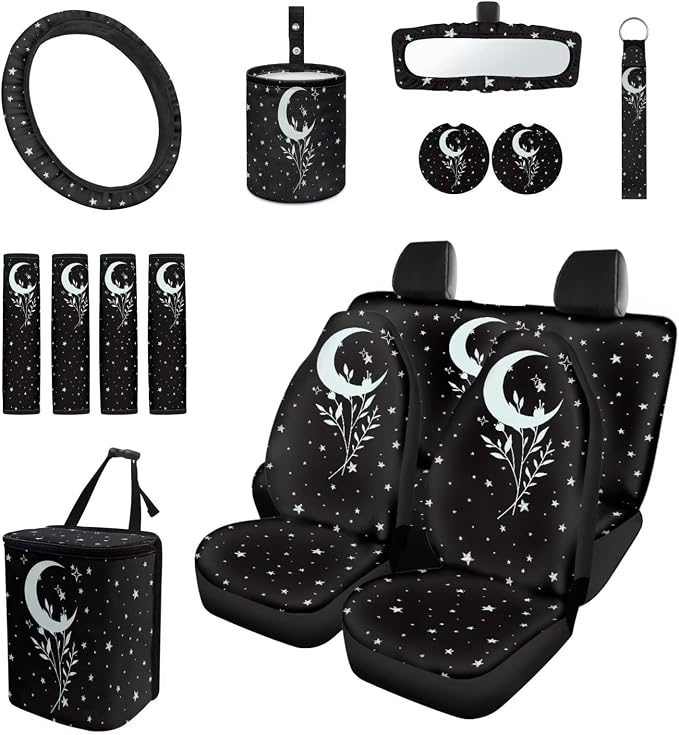 Moon Leaves Car Seat Covers Full Set for Women Cute Car Accessories Interior Car Steering Wheel Cover Seatbelt Covers Trash Bin Rear View Mirror Cover Cup Holders Keychain