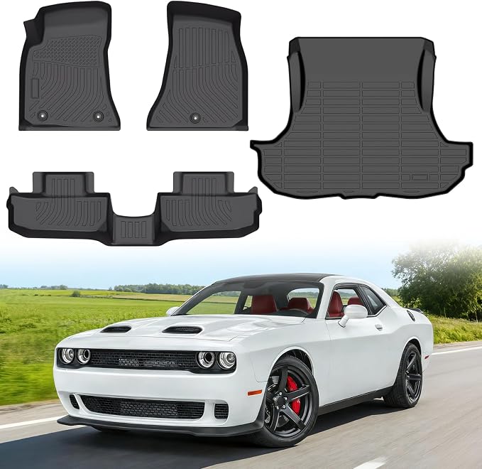 Floor Mats for Dodge Challenger RWD 2015-2023 (Not for 3.6L V6 Engine Models or AWD), Heavy Duty TPE All Weather Protection, Waterproof Non-Slip Black (Two-Row Floor Mats & Cargo Liner)