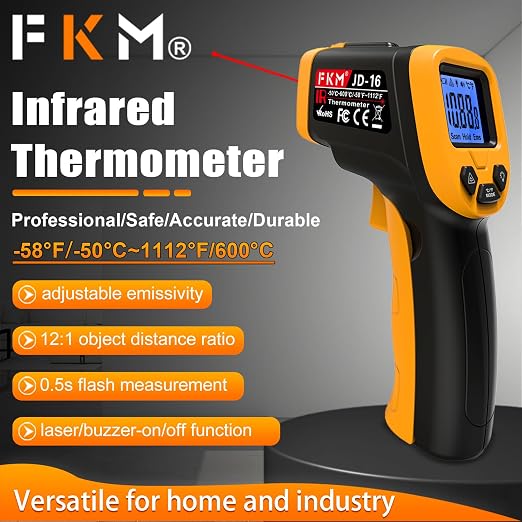 FKM Infrared Thermometer Gun Non-Contact Laser Temperature Gun,-58°F~1112°F,Adjustable Emissivity,Digital IR Thermometer Gun for Industrial,HVAC,Automotive,Cooking,Griddle,Pizza Oven,BBQ,Not for Human