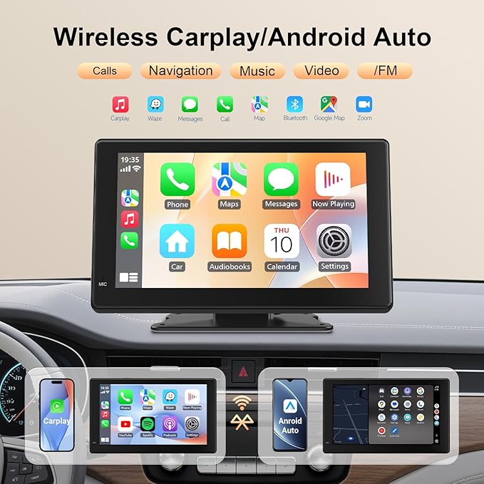 Haudio 7" Portable Wireless CarPlay & Android Auto Screen for Car, HD Touchscreen, Backup Camera, Bluetooth 5.0, FM Transmitter, Plug and Play, Voice Control, Fit All Vehicles