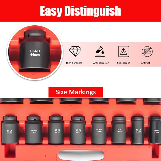 TONYNOL 1/2 Inch Drive Deep Impact Socket Set,6-Point, Metric Sizes(25-50mm),14 PCS,Cr-Mo Steel,Heavy Duty Impact Sockets for Automotive & Industrial Machinery,With a Storage Case