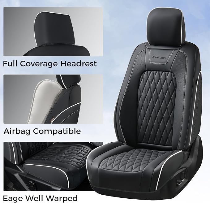 Coverado Premium Leather Front Seat Covers Waterproof Heavy-Duty Protectors Custom Fit for Ford F150 (2015-2026) F250/F350/F450 (2017-2026)-Black w/White Stitching, Wear-Resistant