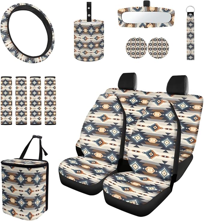 Beige Southwest Aztec Boho Car Accessories Car Seats Cover Protector, Steering Wheel Covers, Seatbelt Cover, Car Trash Can, Cup Coasters, Rearview Mirror Cover, Keychains, Pack of 15