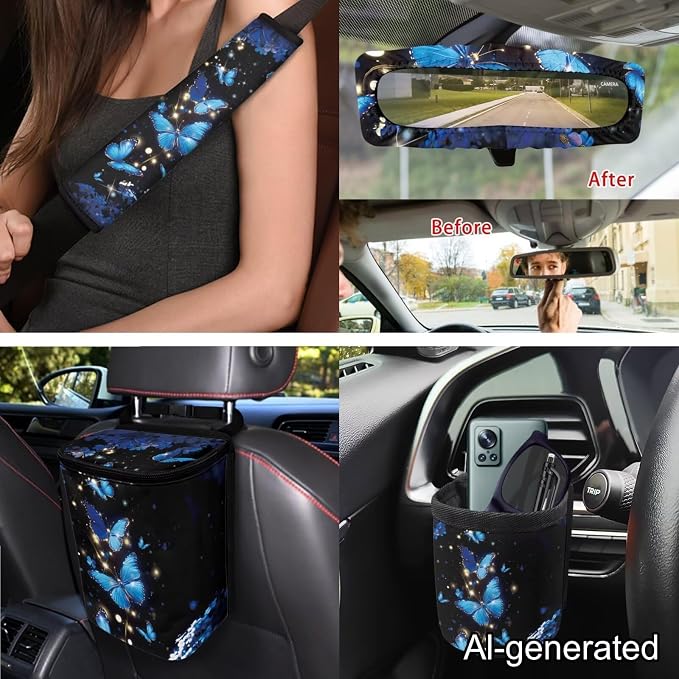 Dreaweet Blue Butterfly Car Seat Covers Full Set for Women Fashion Car Accessories Seat Cover with Steering Wheel Cover Seatbelt Pad Coasters Garbage Bag Air Vent Pouch Rear View Mirror Cover Keychain