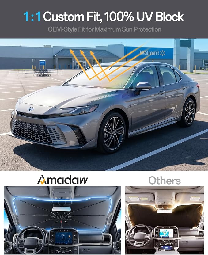 Windshield Sun Shade for Toyota Camry/Corolla Cross 2000–2026, Foldable Umbrella Sunshade with 100% UV Block, Multi-Layer Heat Insulation, Reinforced 10-Rib Frame, Keeps Car Cooler