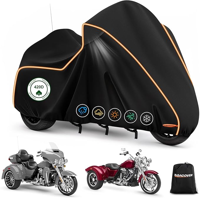 420D Motorcycle Cover for Trike Models Freewheeler, Tri Glide Ultra and CVO Version, Outdoor Bike Cover Windproof Heavy Duty Waterproof Protection(with Antenna Openings&Exhaust Heat Insulation)