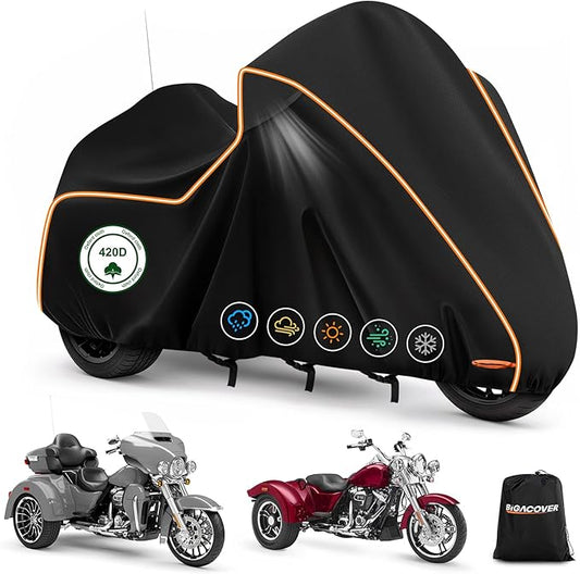 420D Motorcycle Cover for Trike Models Freewheeler, Tri Glide Ultra and CVO Version, Outdoor Bike Cover Windproof Heavy Duty Waterproof Protection(with Antenna Openings&Exhaust Heat Insulation)