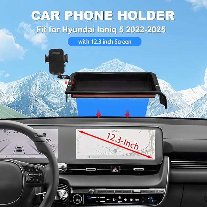 Car Phone Holder Compatible with Hyundai Ioniq 5 2022-2025 Accessories 12.3-Inch Screen Fixed Clip, Cell Phone Mount with Dash Tray Center Console Organizer Hands-Free 360° Rotation