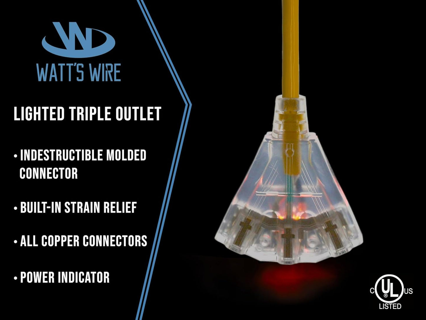 100 ft - 12 Gauge Heavy Duty Extension Cord - 3 Outlet Lighted SJTW - Indoor/Outdoor Extension_Cord by Watt's Wire - 100' 12-Gauge Grounded 15 Amp ExtensionCord