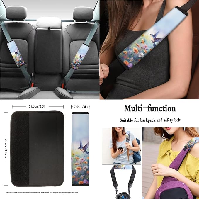 Hummingbird Daisy Pattern 13 Pieces Car Accessories, Car Front and Rear Seat Covers Full Set with Safe Belt Pads, Non Slip Steering Wheel Cover Washable Coasters with Notch