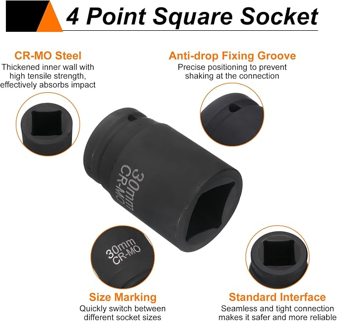 HARFINGTON 3pcs 4 Point Square Socket 1" Drive 30mm Metric CR-MO Phosphate Blackening Standard Wheel Impact Sockets for Auto Repair Mechanical Maintenance Home Install