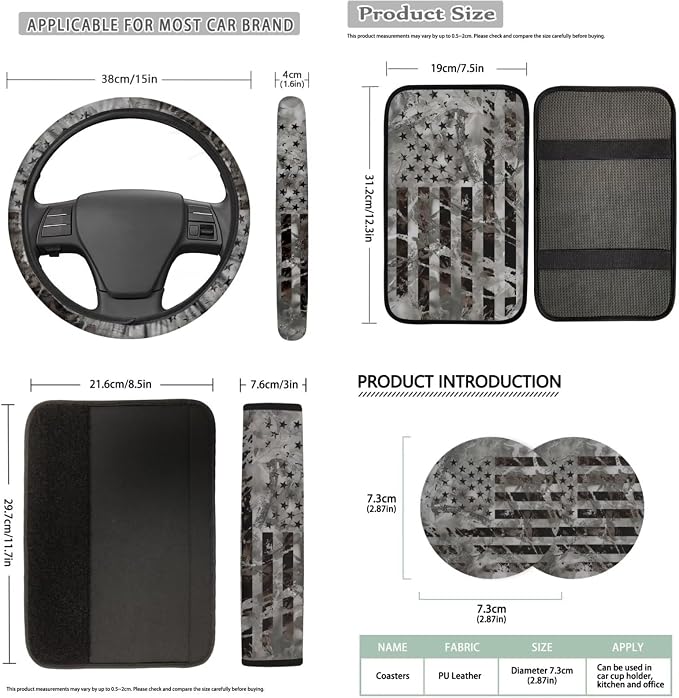 Bulopur Vintage American Flag Vehicle Seat Covers Set with 15 Inch Steering Wheel Cover Center Console Cover Seat Headrest Covers Seat Belt Pads Car Interior Accessories Set for SUV Van Sedan