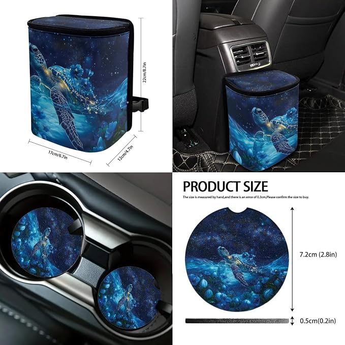 Suobstales Galaxy Turtle Flower Print 13 Pieces Car Accessories with 4 Car Seat Covers 1 Steering Wheel Cover 1 Trash Can 2 Seatbelt Cover 2 Coaster 1 Rearview Mirror Cover 2 Keychains Universal Fit