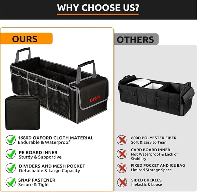 EAROND Collapsible Trunk Organizer with Insulated Leakproof Cooler Bag,Removable Lid,Adjustable Securing Straps,3 Compartments Trunk Organizer for SUV,Truck,Sedan(Grey & Black)