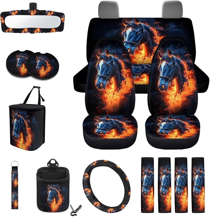 Horse Fire Pattern Car Accessories Set of 15, Front Rear Seat Covers Steering Wheel Cover Seatbelt Cushion Coasters Keychain Trash Can Air Vent Bag Universal Fit