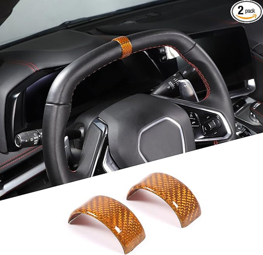 Daeiclru Real Carbon Fiber Steering Wheel Circle Cover Sticker Compatible with Chevrolet Corvette C8 Stingray 2020-2025, Steering Wheel Top Center Guide Decorative Accessories (Yellow)