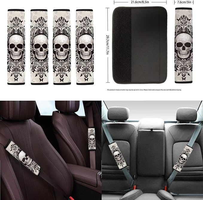 Gothic Skull Print Full Set Car Seat Covers with Steering Wheel Cover Safety Belt Pads Armrest Cushion Headrest Protectors Gear Shift Knob + Handbrake Covers etc, Universal Fits