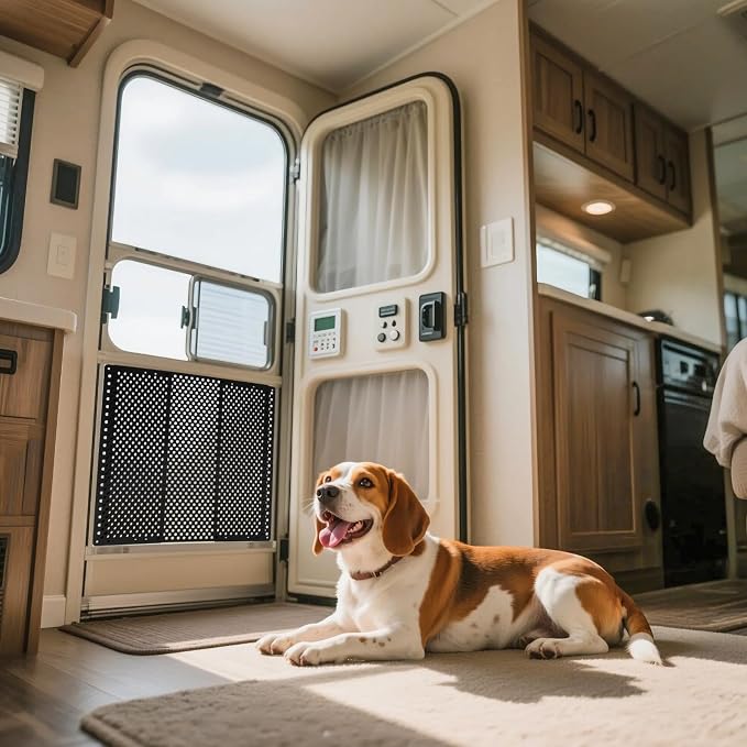 VEVOR RV Screen Door Protector, Adjusts from 22 to 31.5 inch, Adjustable Door Grille, Easy to Install, Reinforced Breathable Honeycomb Holes, Iron Camper RV Entry Protector for Pet Protection, Black