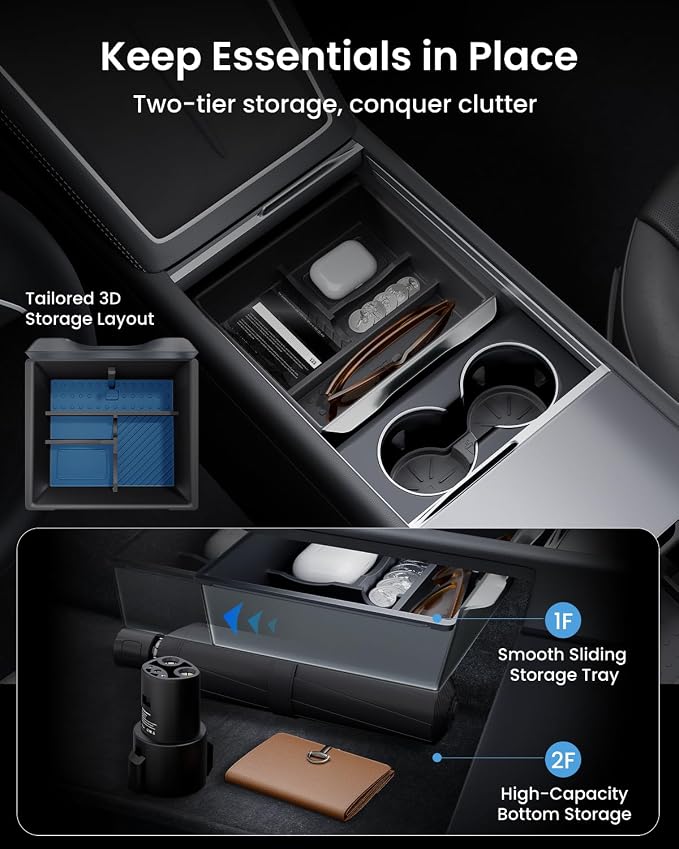 REEVAA 4-in-1 Center Console Organizer Set for Tesla Model Y Juniper & Model 3 Highland 2024/2025/2026, [Maximize Space, Zero Interference], Storage Trays with Odorless Pure Silicone Liners, Grey