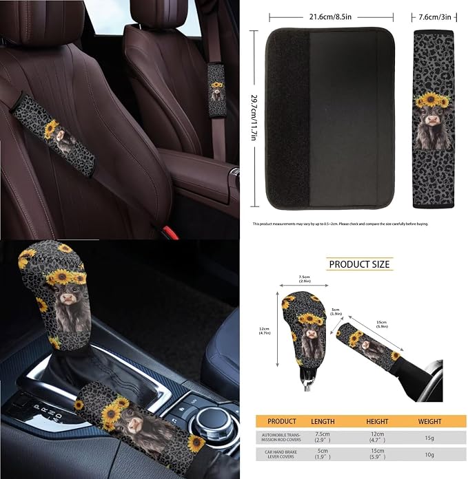 Highland Cattle Print 14Pcs Car Interior Cover Set Sunflower Leopard Print Car Front Rear Seat Covers Steering Wheel Cover Center Console Pad Safety Belt Pads for Men Women