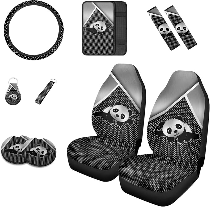 Howilath Sliver Panda Pattern 10pcs Car Front Seat Covers/Steering Wheel Cover/Seatbelt Pads/Keychain/Armrest Cushion/Coasters Vehicle Seat Protector Accessories