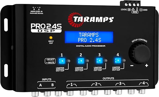 Taramp's Pro 2.4S DSP Crossover full Digital Signal Processor and Equalizer with sequencer 15-band Graphic Equalization 12 preset EQ 2-Channel in and 4-Channel Out