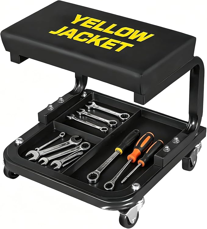 YELLOW JACKET Mechanic Rolling Stool 250 Lbs Capacity, Garage Stool on Wheels with Tool Tray Storage, Work Stools with Wheels for Garage, Shop, Mechanic Chair with Wheels, Auto Repair