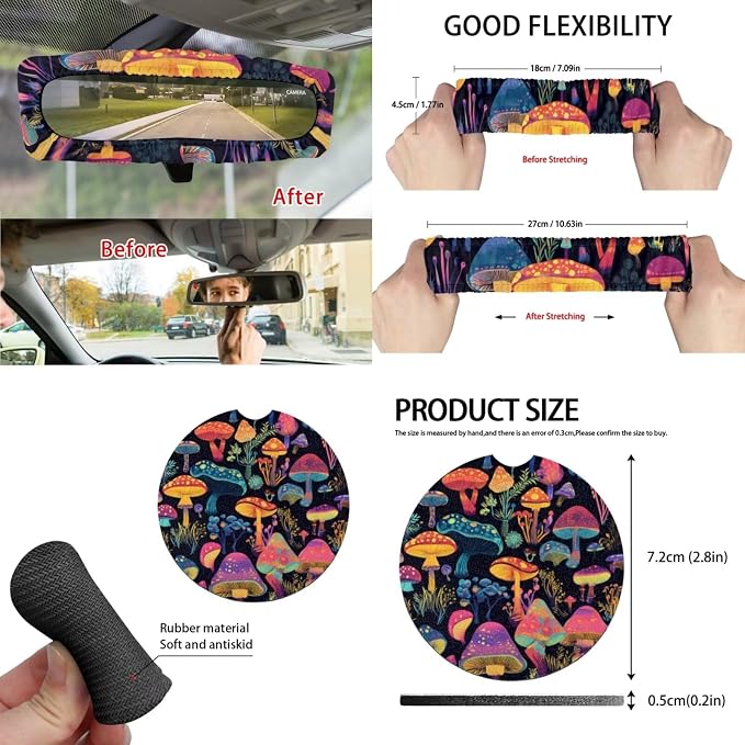 15 Pcs Cute Mushroom Car Seat Cover Full Set for Women with Car Steering Wheel Cover Seat Belt Cover Trash Bin Front Rear View Mirror Car Cup Holder Keychain