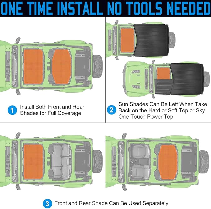 JL Top Sun Shade Roof Compatible with Jeep Wrangler 2 or 4 Door 2018 to 2023 Sunshade Sunroof Blocks UV Wind Noise Orange Mesh for Front and Rear 2 pcs