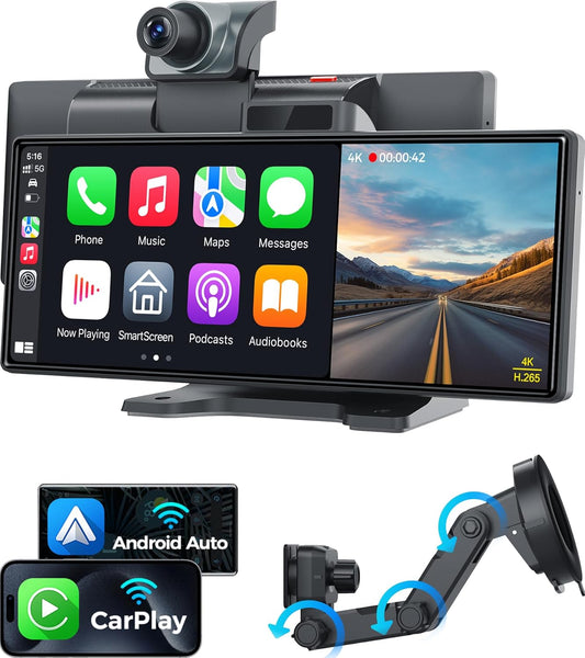 10.26" Wireless Apple CarPlay Android Auto Car Screen - Secure Strong Bracket, 4K Dash Cam, GPS Navigation, HD Touchscreen, AirPlay, Car Stereo, Fits All Vehicles