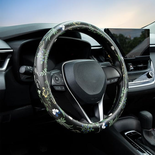 Boho Floral Steering Wheel Cover Auto Leather Steering Wheel Protector, Anti-Slip, Breathable, Absorbing Sweat, Universal Floral Car Accessories 14.5–15 inch,Fit for Most Car, Trucks, SUV