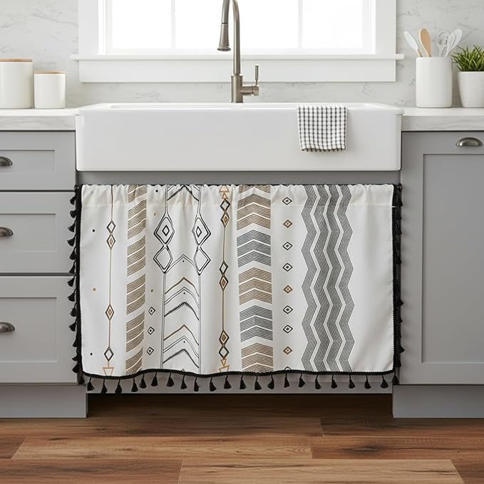 ColorBird Kitchen Window Curtains Over Sink Valance Short Boho Oven Curtain Basement Window Topper Light Filtering Rod Pocket 1 Panel for Cabinet RV (59" W x 18" L, Geometric)