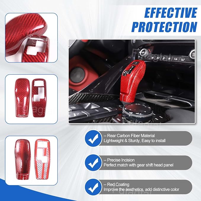 Real Carbon Fiber Gear Shift Head Cover and Front Head Cover Set Compatible with Toyota Supra GR A90 A91 MK5 2019-2026, Gear Shifter Knob Cover Protector Trim Cap 2Pcs (Red)