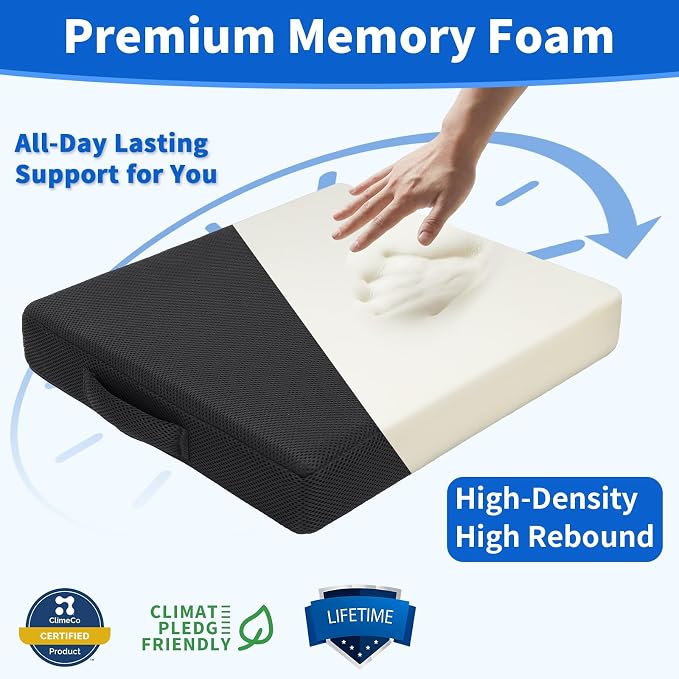YOUFI Wheelchair Seat Cushion with Waterproof Layer Breathable Cover, High Rebound Memory Foam, Non-Slip Bottom and Handle, Chair Cushion for Sciatica and Pressure Relief