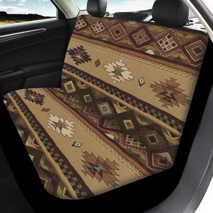 12 Pc Brown Aztec Tribal Car Seat Covers Full Set Ethnic Style Southwestern Boho Car Seat Covers/Steering Wheel Covers/Seat Belt Pads/Key Chain/Coaster/Lipstick Holder Universal Fit